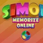 Ngjyra të ndritshme me tekst tredimensional SIMON MEMORIZE ONLINE mbi një sfond portokalli me një dizajn katror me katër ngjyra