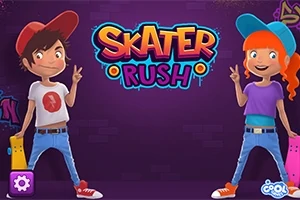 Dy personazhe të animuar me skatebordë dhe prapavijë vjollcë me tekstin Skater Rush