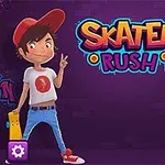 Dy personazhe të animuar me skatebordë dhe prapavijë vjollcë me tekstin Skater Rush