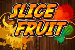 Tekst me shkronja të mëdha SLICE FRUIT me sfond me motive frutash dhe ngjyra të ndritshme