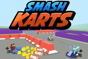Personazhe vizatimorë në makina karting, duke garuar në një pistë me barriera të kuqe dhe të bardha