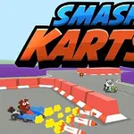 Personazhe vizatimorë në makina karting, duke garuar në një pistë me barriera të kuqe dhe të bardha