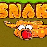 Figura tregon një gjarpër kartonash me sy të mëdhenj dhe gojë të hapur, me fjalën Snake sipër tij në stil grafik ngjyrë portokalli
