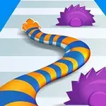 Gjarpër shumëngjyrësh që lëviz mbi rrugë me sfond blu dhe pengesa të purpurta