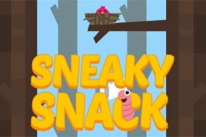 Teksti i madh Sneaky Snack, një shpend rozë në një folé dhe një krimb i kuq pranë tij