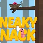 Teksti i madh Sneaky Snack, një shpend rozë në një folé dhe një krimb i kuq pranë tij