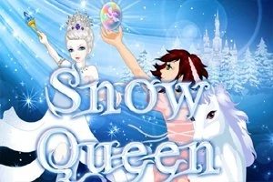 Dy personazhe të animuar dhe një kalë shfaqen në një peizazh dimëror, ndërsa mban një top kristali dhe shkop magjik, me tekstin Snow Queen në plan të parë