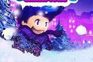 Një personazh vizatimor me flokë dhe shall blu po vrapon përmes dëborës, ndërsa një qytet i ndriçuar duket në sfond