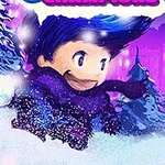 Një personazh vizatimor me flokë dhe shall blu po vrapon përmes dëborës, ndërsa një qytet i ndriçuar duket në sfond