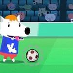 Një personazh i animuar si qeni me një bluzë blu në një fushë futbolli, ndërsa topi qëndron pranë tij dhe sfondi përmban spektatorë të kafshëve