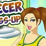 Vajzë me flokë kafe, e veshur me bluzë të verdhë, pranë tekstit që shkruan Soccer Dress-Up