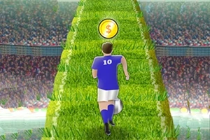 Një futbollist me fanellë blu dhe numrin 10 vrapon në një rrugë të gjelbër drejt një monedhe të artë, në sfond është një stadium i mbushur me tifozë