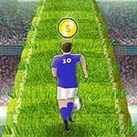 Një futbollist me fanellë blu dhe numrin 10 vrapon në një rrugë të gjelbër drejt një monedhe të artë, në sfond është një stadium i mbushur me tifozë