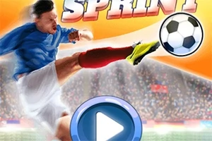 Një futbollist në ajër godet topin me këmbë, me një sfond fansash të turbulluar dhe një buton të madh të rrumbullakët për luajtje