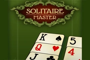 Një ekran me letra të hapura, me simbole dhe numra mbi një sfond të gjelbër, dhe një titull dekorativ sipër që lexon Solitaire Master