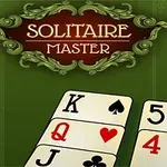 Një ekran me letra të hapura, me simbole dhe numra mbi një sfond të gjelbër, dhe një titull dekorativ sipër që lexon Solitaire Master