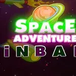 Tekst me ngjyra të gjalla, duke përfshirë një planet me unaza dhe raketa në sfond hapësinor
