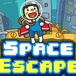 Një personazh i veshur me kostum hapësinor mbi një robot të verdhë, me ndërtesa në sfond dhe tekstin Space Escape në plan të parë