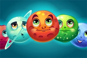 Topa planetësh të animuar me fytyra dhe shprehje të ndryshme në një sfond të kaltër