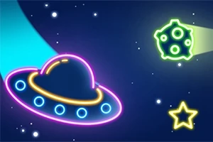 Një UFO me drita neon fluturon pranë një asteroidi dhe një ylli në hapësirë
