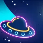 Një UFO me drita neon fluturon pranë një asteroidi dhe një ylli në hapësirë