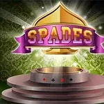 Një skenë podiumi me një simbol të artë në formë gjetheje, i rrethuar nga shkëlqime dhe një fjongo vjollcë që mban fjalën SPADES në sfond jeshil dekorativ