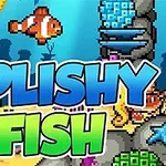 Peshk kloun i stilizuar në një mjedis nënujore me korale dhe tekstin Splishy Fish në qendër