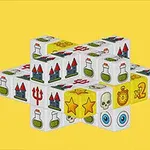Kubë të bardha me simbole si kufoma, yje, kështjella dhe pilula në sfond të verdhë