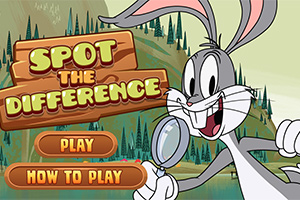 Një lepur i bardhë dhe gri me lupë në dorë qëndron pranë një tabele me mbishkrimin Spot the Difference, në sfond natyror