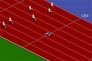 Pamje e një piste atletike ku një person është i shtrirë në mes të linjave me figura të tjera që qëndrojnë në krah