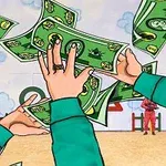 Dy duar që kapin kartëmonedha jeshile që po fluturojnë nëpër ajër, me njerëz të veshur me kostume të kuqe në sfond