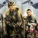 Një grup personazhesh të armatosur dhe një robot qëndrojnë gati për betejë, me dy anije hapësinore në sfond