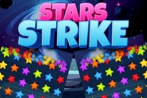 Teksti Stars Strike në ngjyrë rozë dhe blu mbi një sfond të errët me figura me yje shumëngjyrësh
