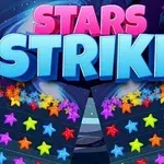 Teksti Stars Strike në ngjyrë rozë dhe blu mbi një sfond të errët me figura me yje shumëngjyrësh