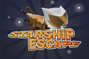 Një alien me antena dhe një objekt me pamje futuriste përballë një sfondi të errët me yje dhe një mbishkrim me germa të mëdha STARSHIP ESCAPE