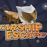 Një alien me antena dhe një objekt me pamje futuriste përballë një sfondi të errët me yje dhe një mbishkrim me germa të mëdha STARSHIP ESCAPE