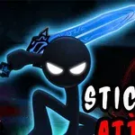 Një figurë e stilizuar njeriu me shkop qëndron me një shpatë blu të ndritshme në sfond të errët, me tekste që thonë Stickman Attack