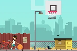 Një person me një kapele luan basketboll pranë një piste biçikletash me sfond urban, ndërsa një mace e zezë është afër një kosh plehrash