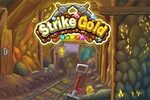 Një minierë ari e ndriçuar me shina hekurudhore dhe mjete minerale, me një tabelë që shkruan Strike Gold