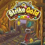 Një minierë ari e ndriçuar me shina hekurudhore dhe mjete minerale, me një tabelë që shkruan Strike Gold