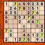 Tabela e një puzzle me numra të vendosur brenda kutive, disa të ndriçuara me ngjyrë jeshile dhe të verdhë, në sfond portokalli