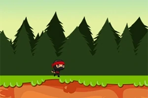 Një karakter ninja me rrip të kuq ecën në një peizazh pyjor me pemë të dendura gjelbër në sfond