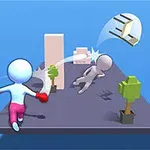 Një personazh vizatimor godet një tjetër duke e bërë të fluturojë jashtë platformës, me pemë dhe objekte në sfond