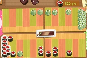 Sushi të ndryshme të vendosura mbi një tavolinë druri me dritare të pikave dhe një pikëzim prej 520 pikësh në cep
