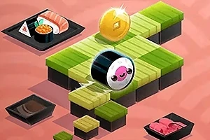 Një copë sushi e gjallë me një fytyrë të qeshur qëndron mbi blloqe me ngjyrë të gjelbër dhe të zezë, me një monedhë ari dhe pjata sushi përreth