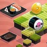 Një copë sushi e gjallë me një fytyrë të qeshur qëndron mbi blloqe me ngjyrë të gjelbër dhe të zezë, me një monedhë ari dhe pjata sushi përreth