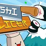Një imazh me një thikë për sushi, copa sushi dhe një tabelë druri me tekst