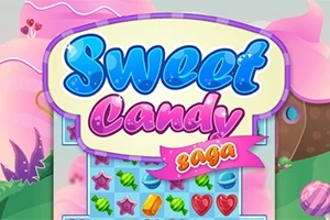 Një sfond shumëngjyrësh me ëmbëlsira dhe sheqerkë në pjesën e sipërme dhe një logo me titullin Sweet Candy Saga