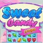 Një sfond shumëngjyrësh me ëmbëlsira dhe sheqerkë në pjesën e sipërme dhe një logo me titullin Sweet Candy Saga