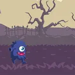 Një personazh vizatimor me një sy dhe me ngjyrë blu po ecën në një mjedis të errët me pemë pa gjethe, një gardh dhe një shtëpi të ndriçuar në sfond